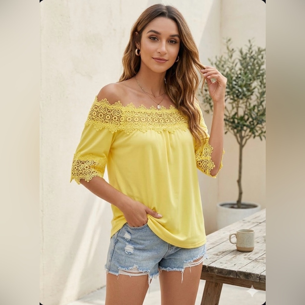 LASCANA for VENUS Small Yellow Off the Shoulder Lace Accent Viscose Top Shirt